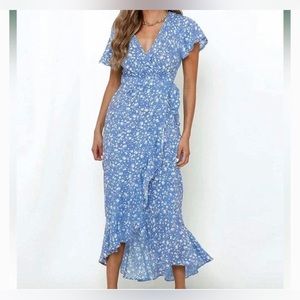 ZESICA Blue floral wrap midi dress SMALL
